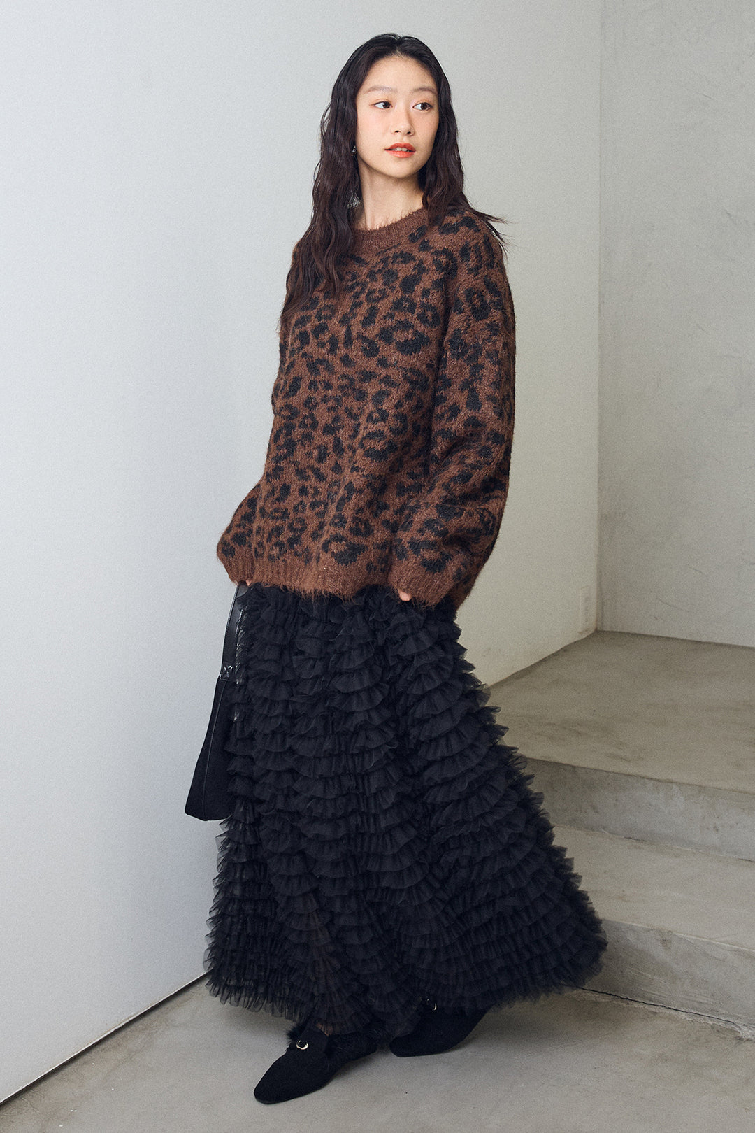 [予約/SET]レオパードクルーネックニットプルオーバー+ホイップチュールティアードスカート(2set)