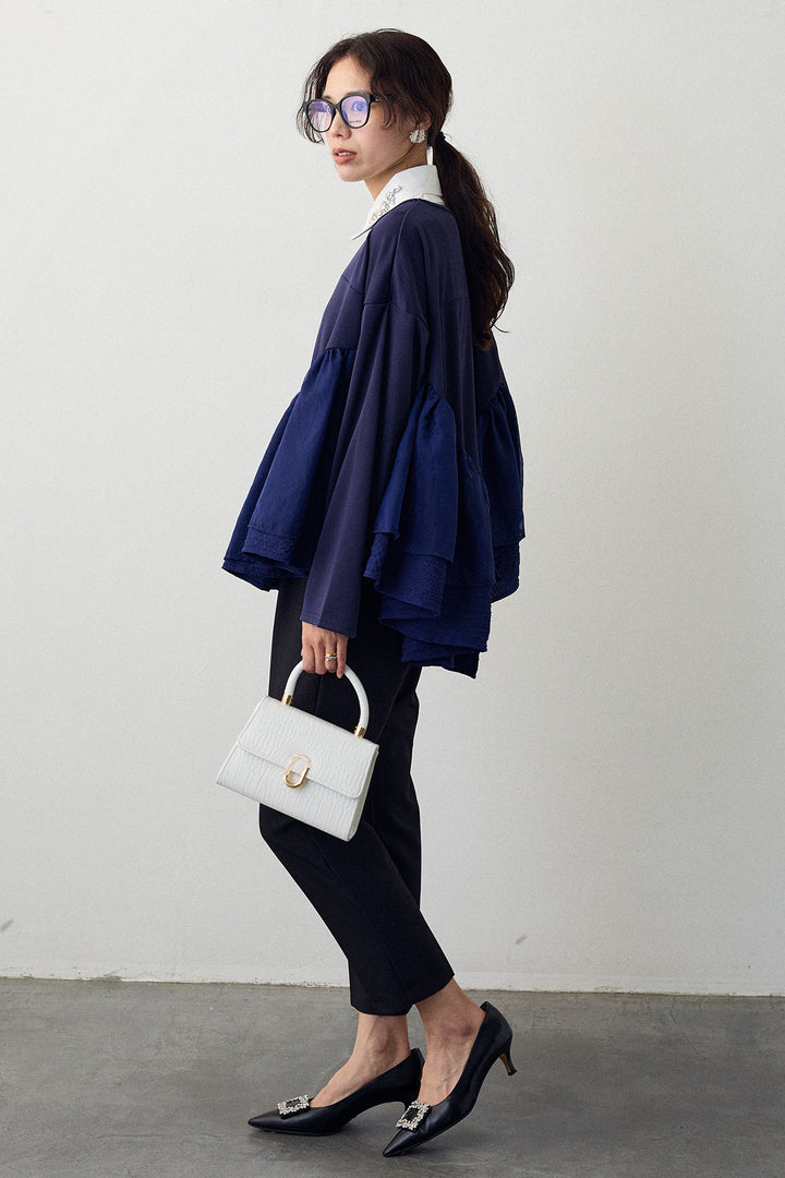 [予約/SET]ビジュー付け襟+フリルテール異素材切替チュニック(2set)