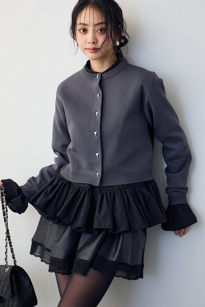 [予約/SET]フリルヘムスリーブブラウス+メタルボタンベーシックカーデ+レザーライクフレアショートパンツ(3set)
