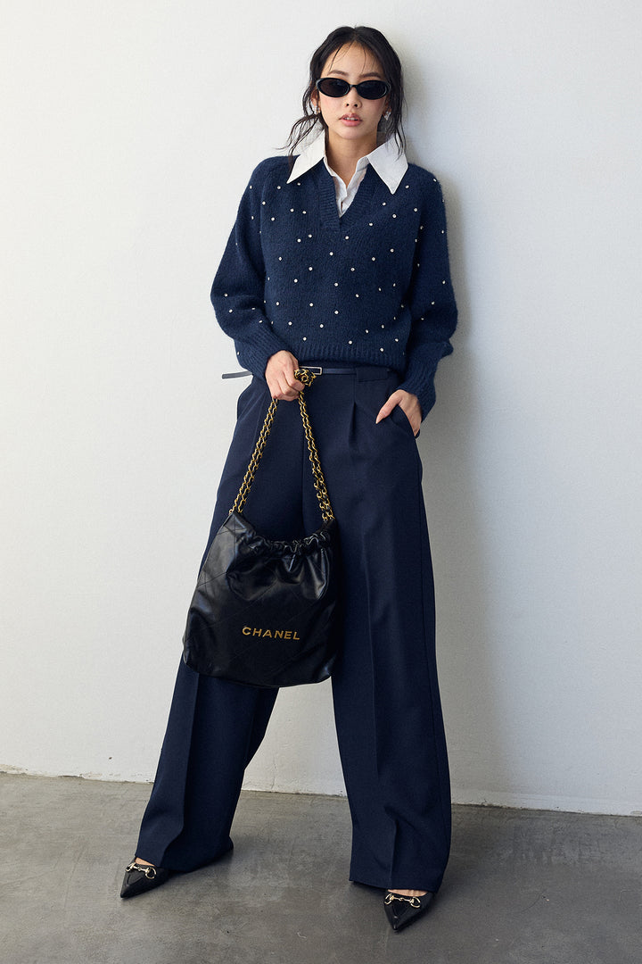 [予約/SET]シャツ襟ラインストーンニットPO+ポイントベルトセットストレートワイドパンツ(2set)