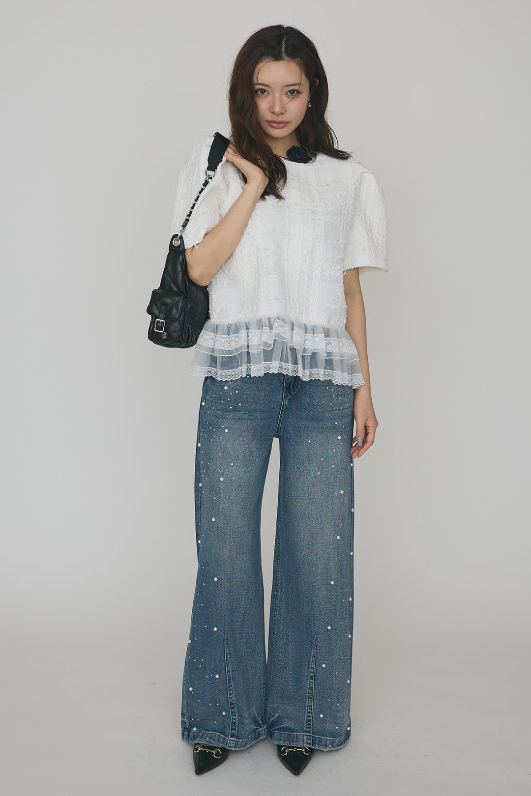 [予約/SET]サマーツイード異素材ドッキングトップス+パールラインストーンハイウエストデニム(2set)