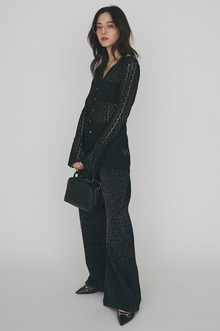 [予約/SET]カットレースフラワーVネックカーデ+ラインストーン美ラインデニム(2set)