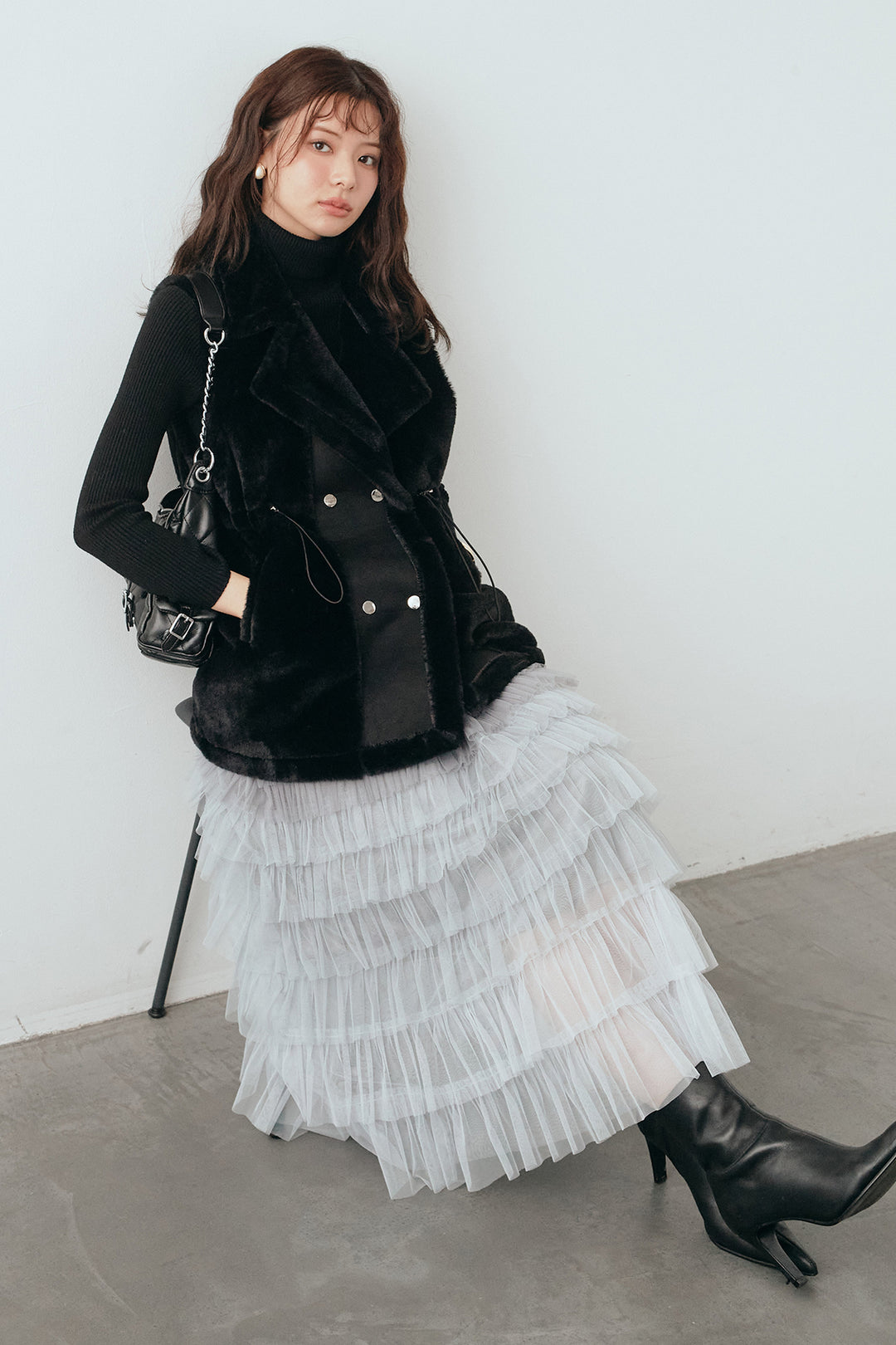 [予約/SET]ベーシックリブタートルニット+テディボアウエストドロストベスト+グラデーションチュールティアードスカート(3set)