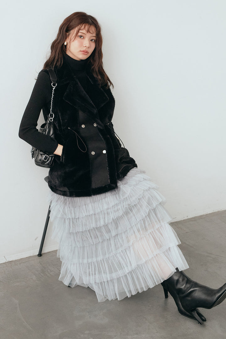 [予約/SET]ベーシックリブタートルニット+テディボアウエストドロストベスト+グラデーションチュールティアードスカート(3set)