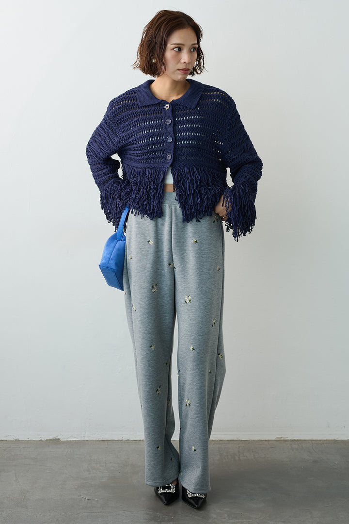 [予約/SET]メッシュフリンジクロップドニット+フラワー刺繍ストレートポンチパンツ(2set)