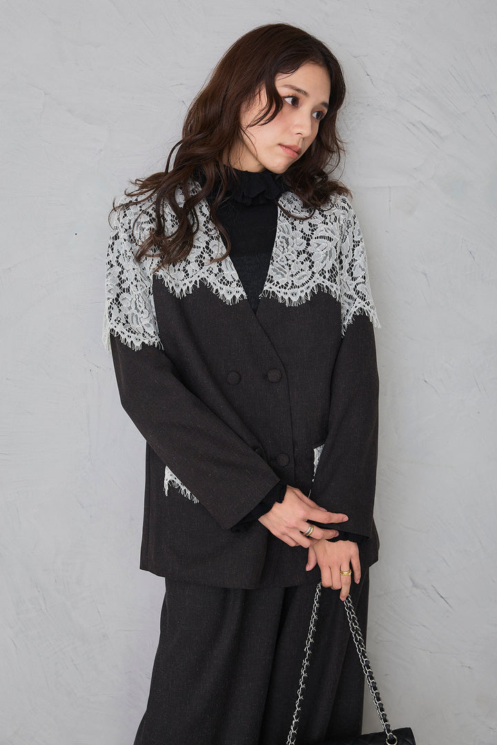 [予約/SET]ショルダーレースデザインジャケット+ライトツイードタックパンツ(2set)