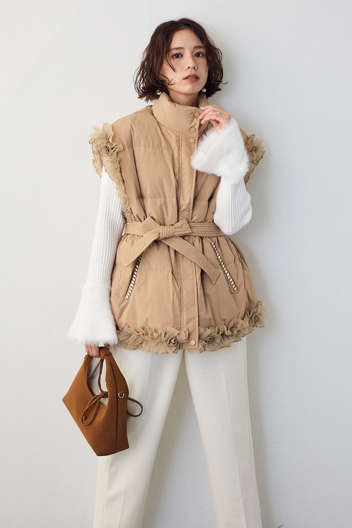 [予約/SET]フェザー切替スリーブフレアニット+フリルチュールスリーブ美ラインベスト+ウォームセンタープレス美ラインテーパードパンツ(3set)