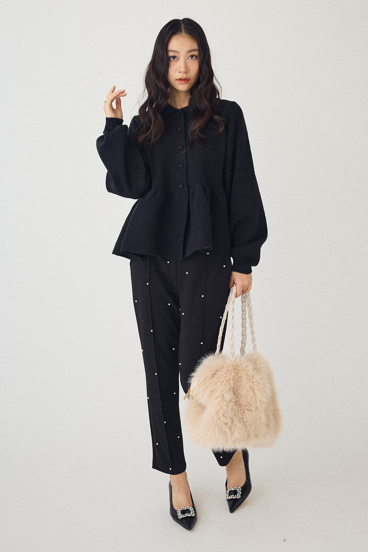 [予約/SET]ポロ襟ペプラムニットプルオーバー+センターシームランダムパールパンツ(2set)