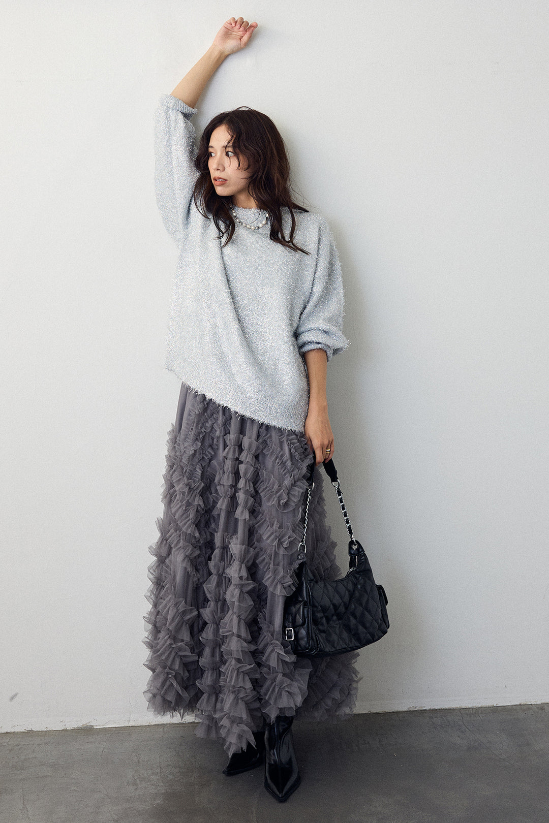 [予約/SET]グリッターラメニット+スフレアシメチュールスカート(2set)