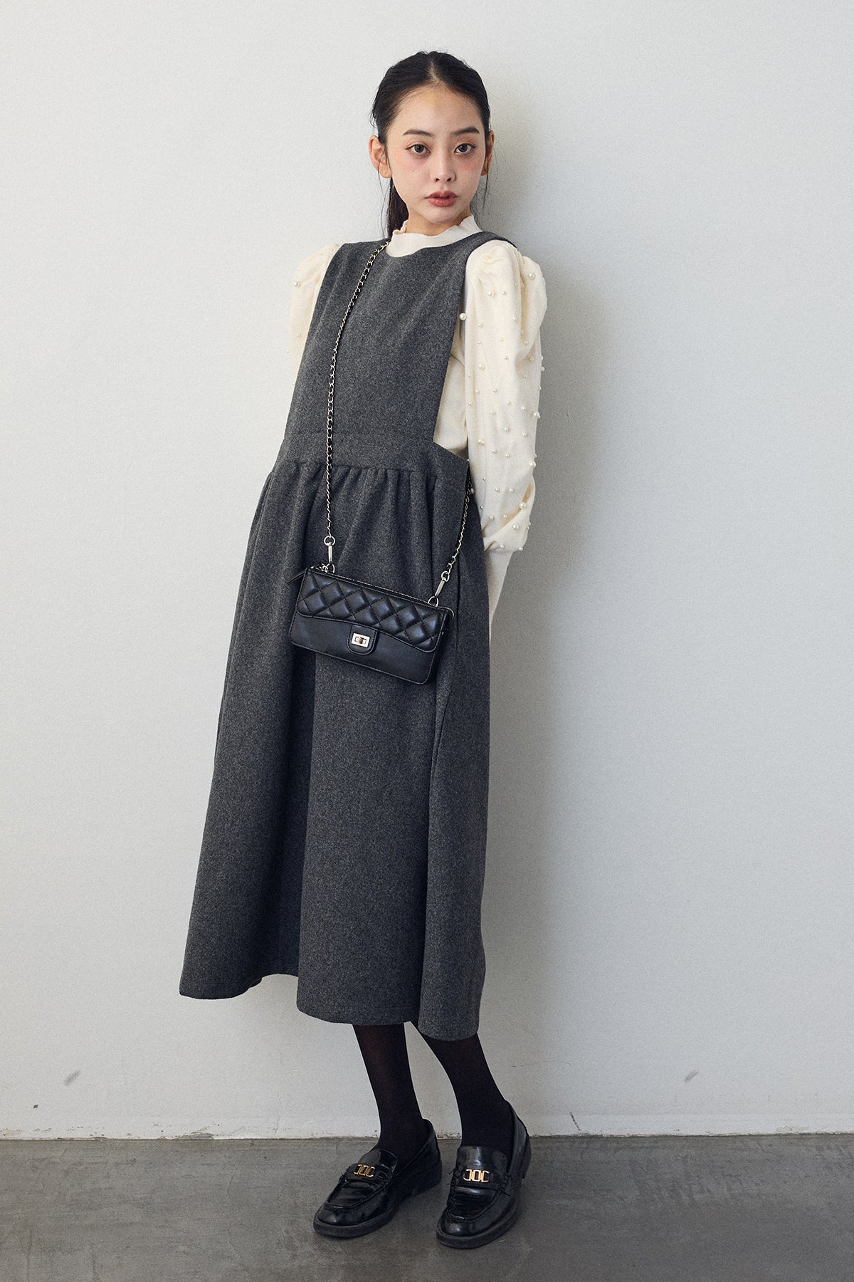 予約/SET]パフスリーブランダムパールニット+前後2wayバックリボン