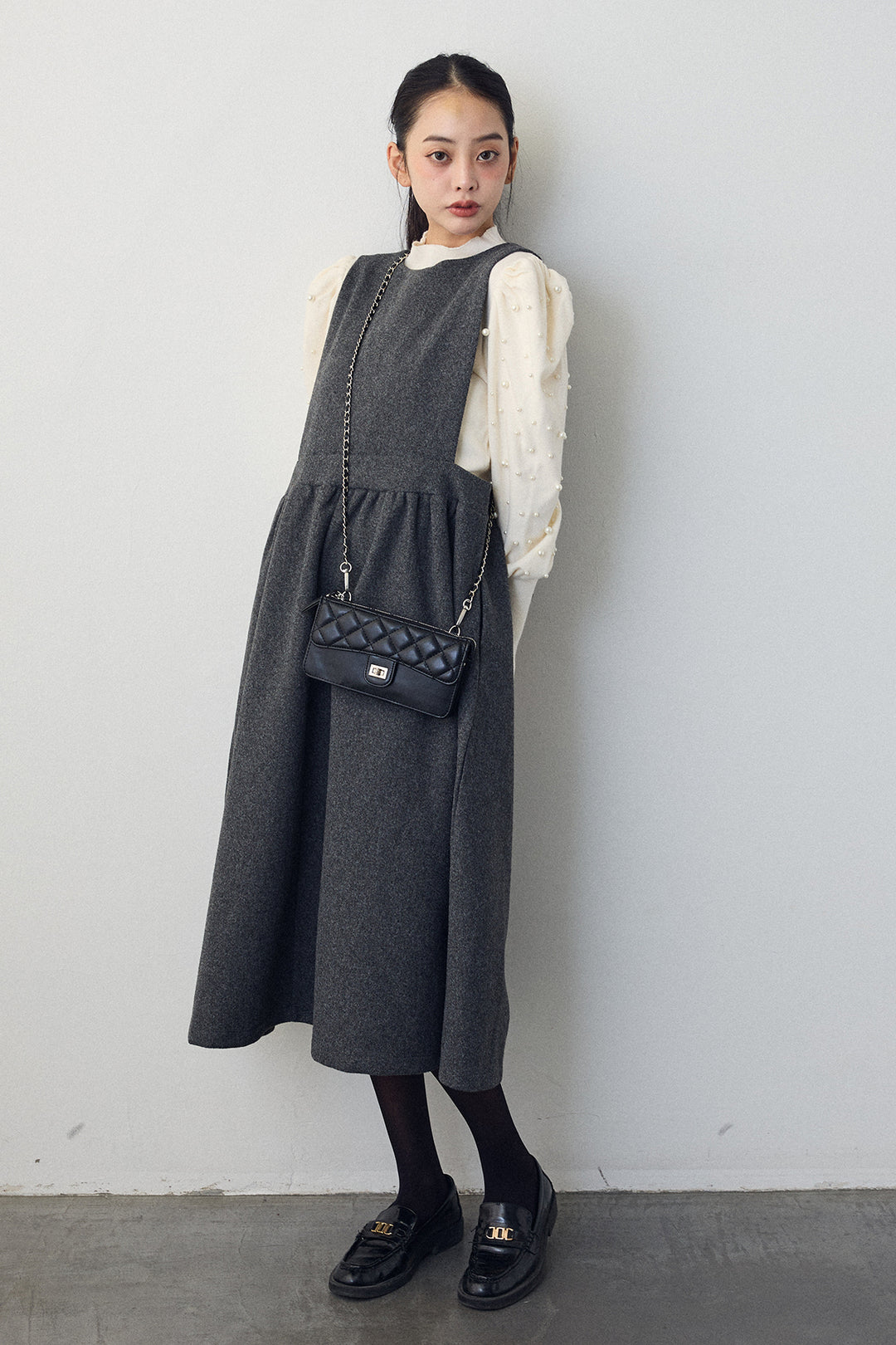 [予約/SET]パフスリーブランダムパールニット+バックリボンボックスシルエットジャンスカ(2set)