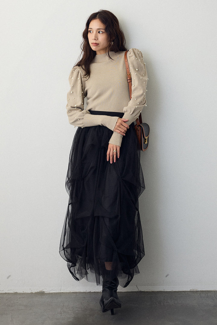 [予約/SET]パフスリーブランダムパールニット+マルチパターンタックチュールスカート(2set)