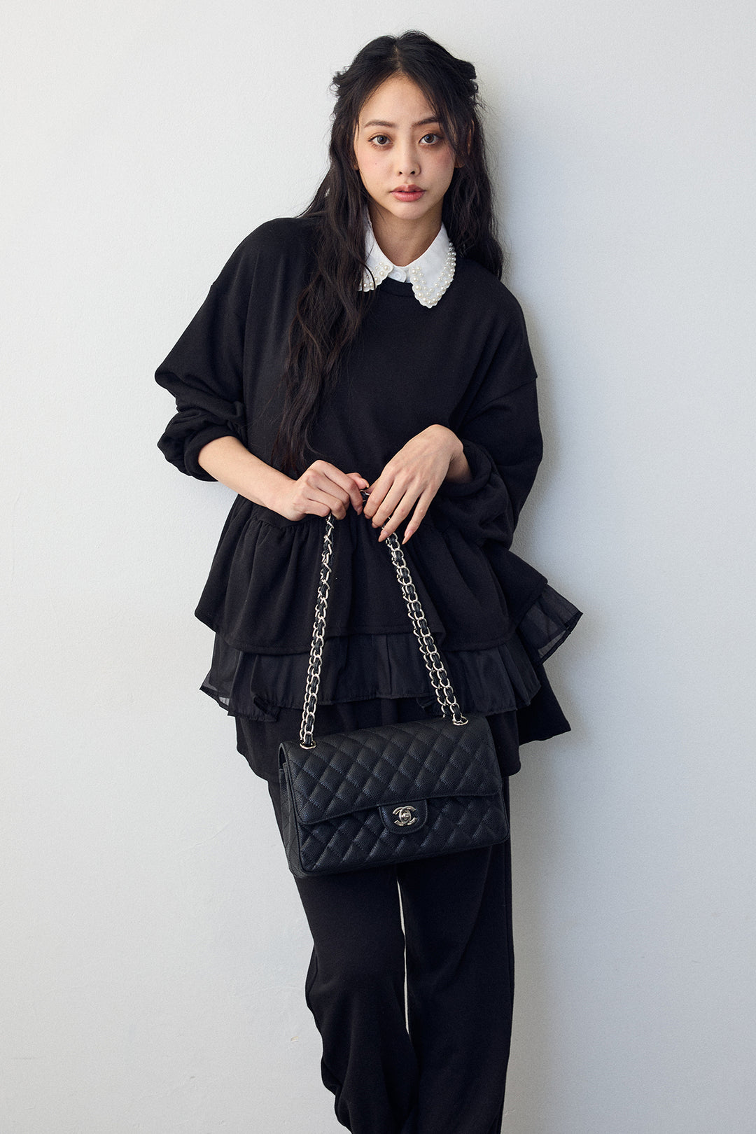 [予約/SET]2連パール付け襟+異素材ミックスフリルティアードスウェットPO+ライトスウェット美ラインジョガーパンツ(3set)