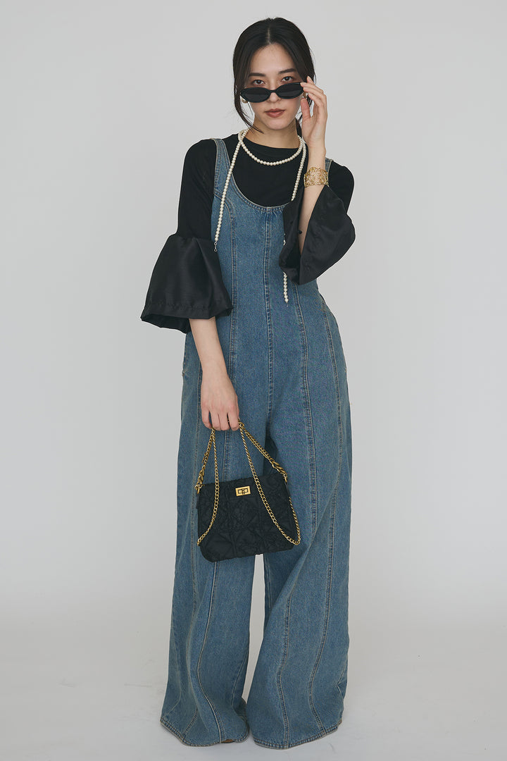 [予約/SET]タックフレア異素材ドッキングニットPO+美ラインデニムサロペット(2set)