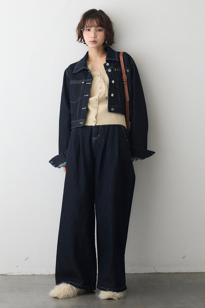 [予約/SET]レースVラインボタンニット+クロップドデニムセットアップ(2set)