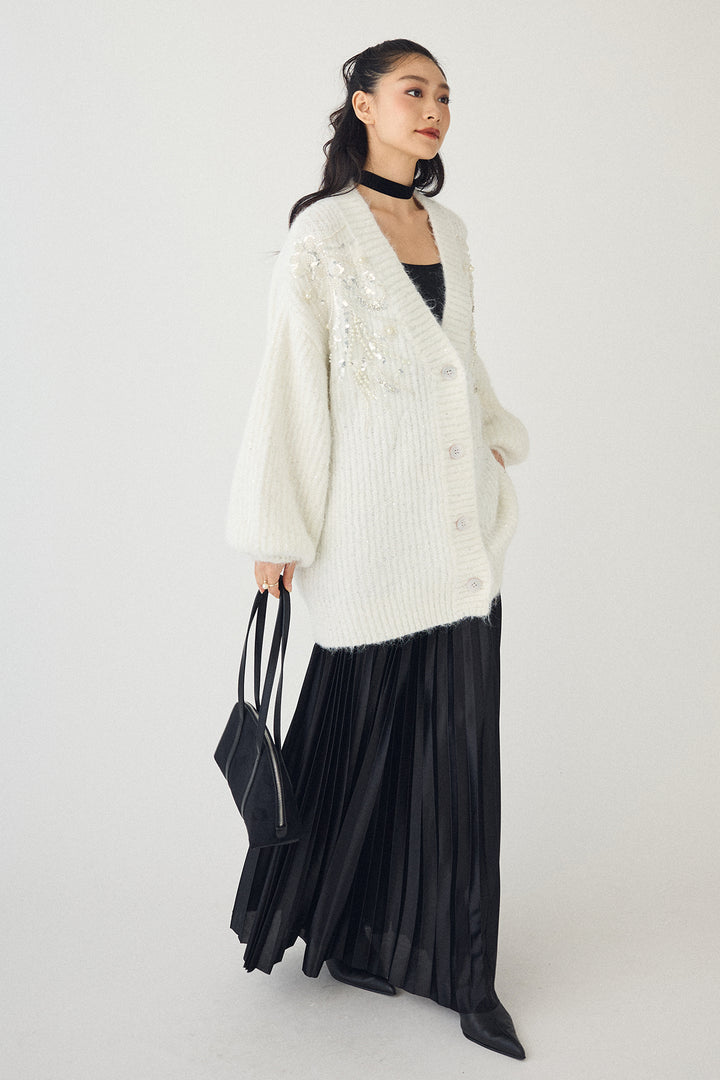 [予約/SET]ビーズフラワースパンコールシャイニーニットカーデ+シャイニープリーツサテンスカート(2set)