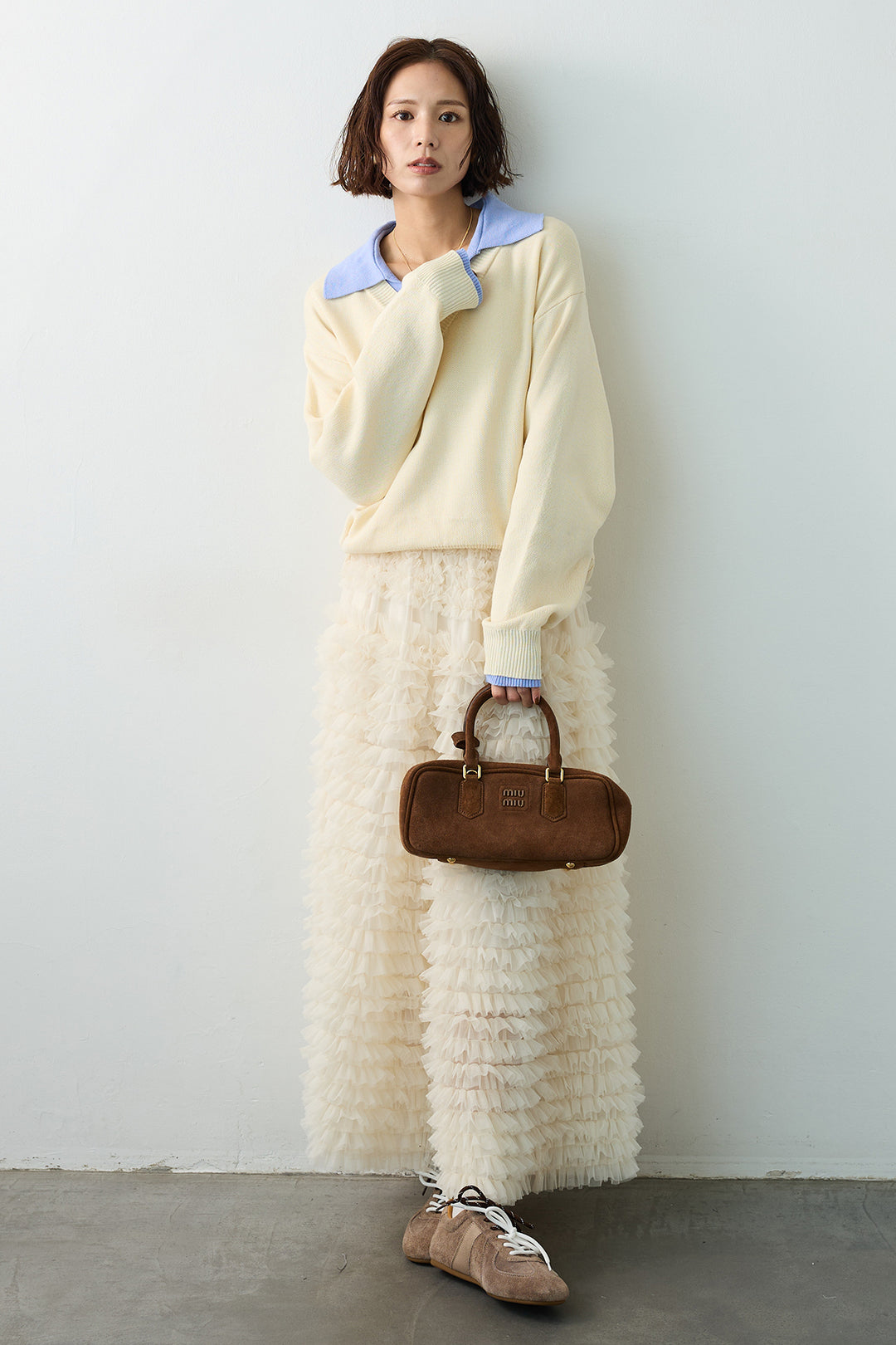 [予約/SET]配色襟レイヤード風ニット+ホイップチュールティアードスカート(2set)