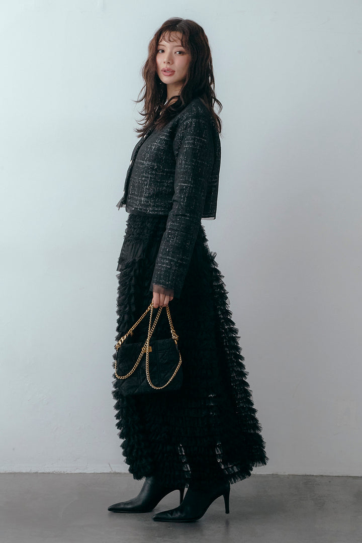 [予約/SET]ツイード×チュールレイヤードクロップドジャケット+ホイップチュールティアードスカート(2set)