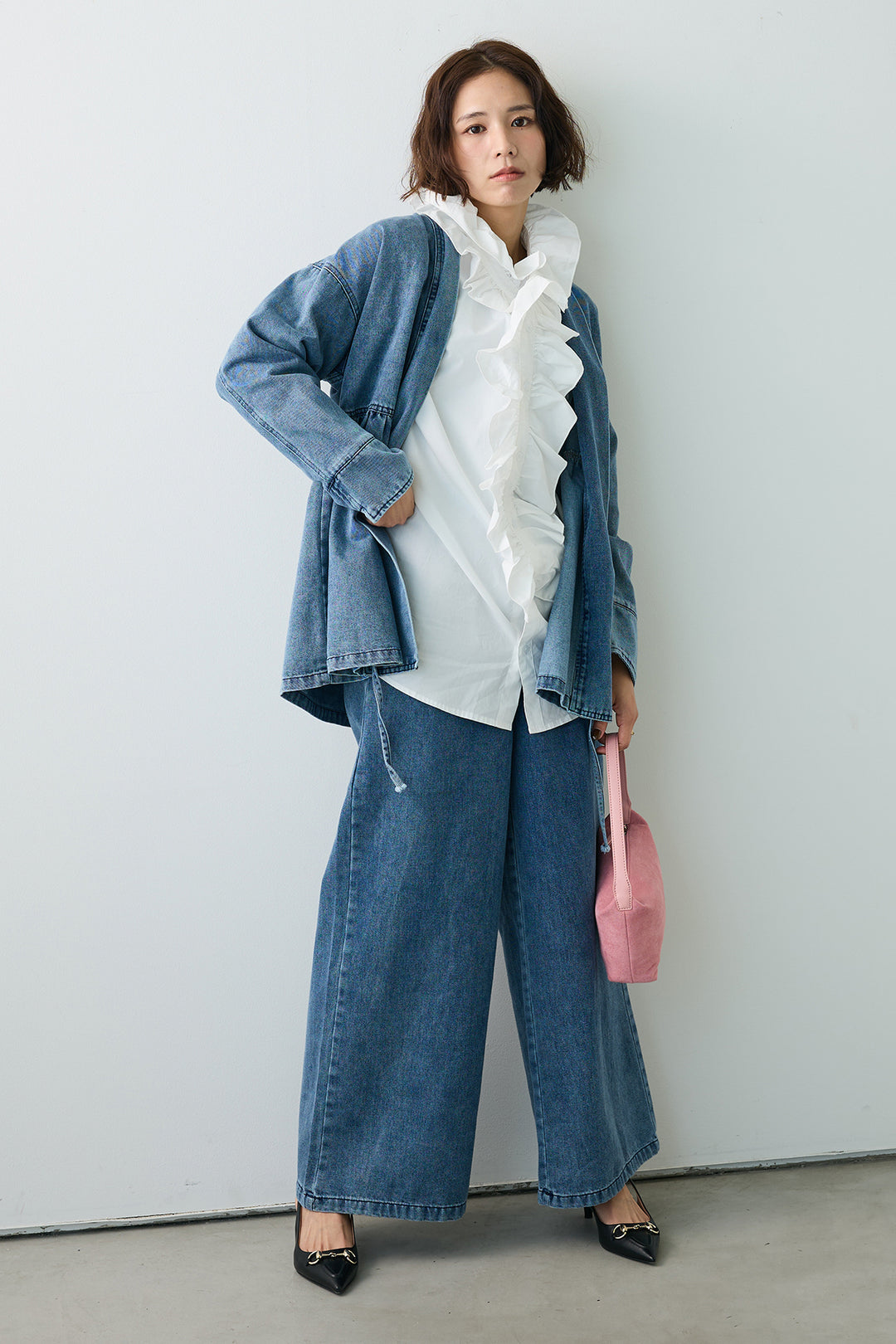 [予約/SET]ブルームカラーフリルブラウス+ノーカラーデニムルーズセットアップ(2set)