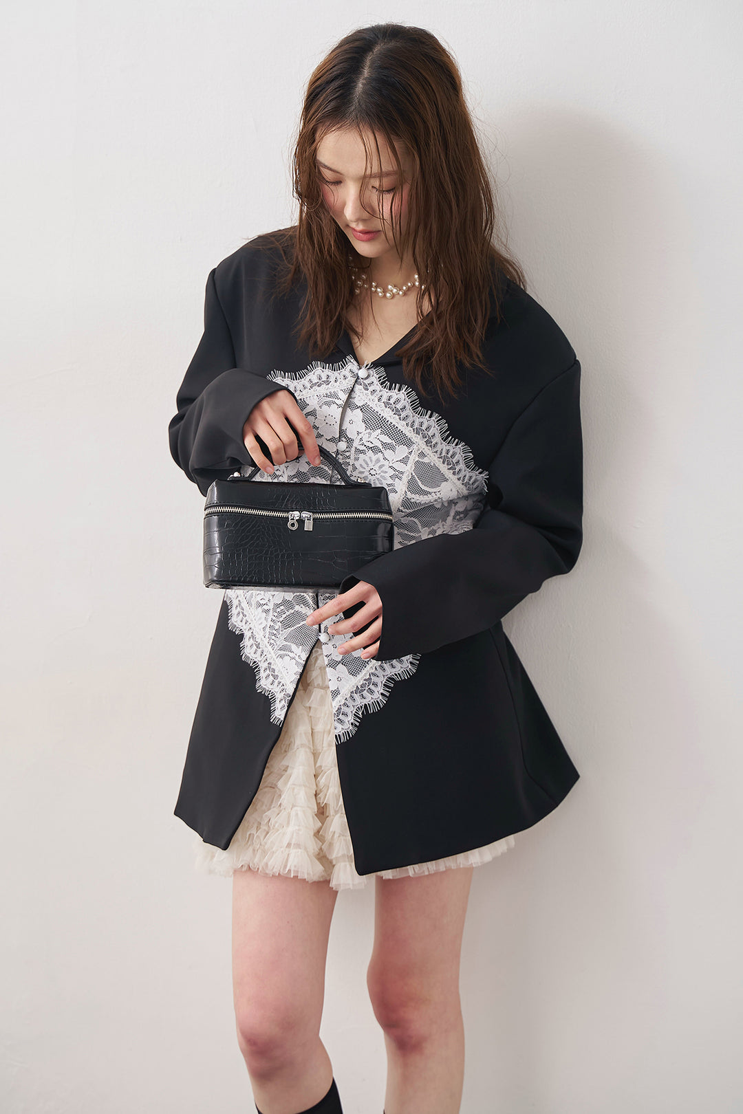 [予約/SET]美ラインウエストレースデザインジャケット+ホイップチュールミニ丈スカート(2set)