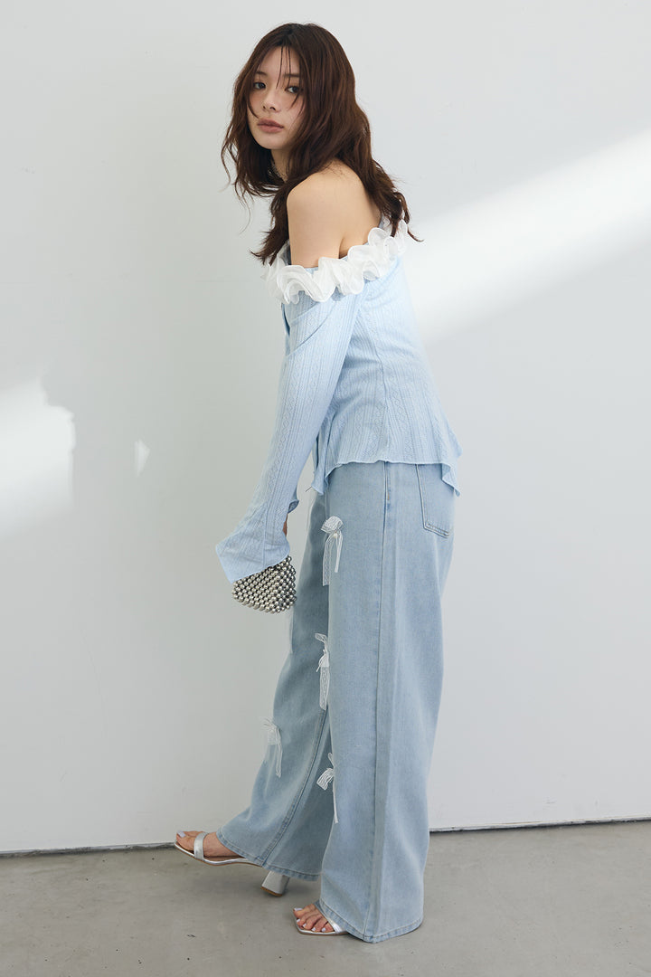 [予約/SET]フリルモチーフアシメオフショルフレアトップス+メニーリボン美ラインデニムパンツ(2set)