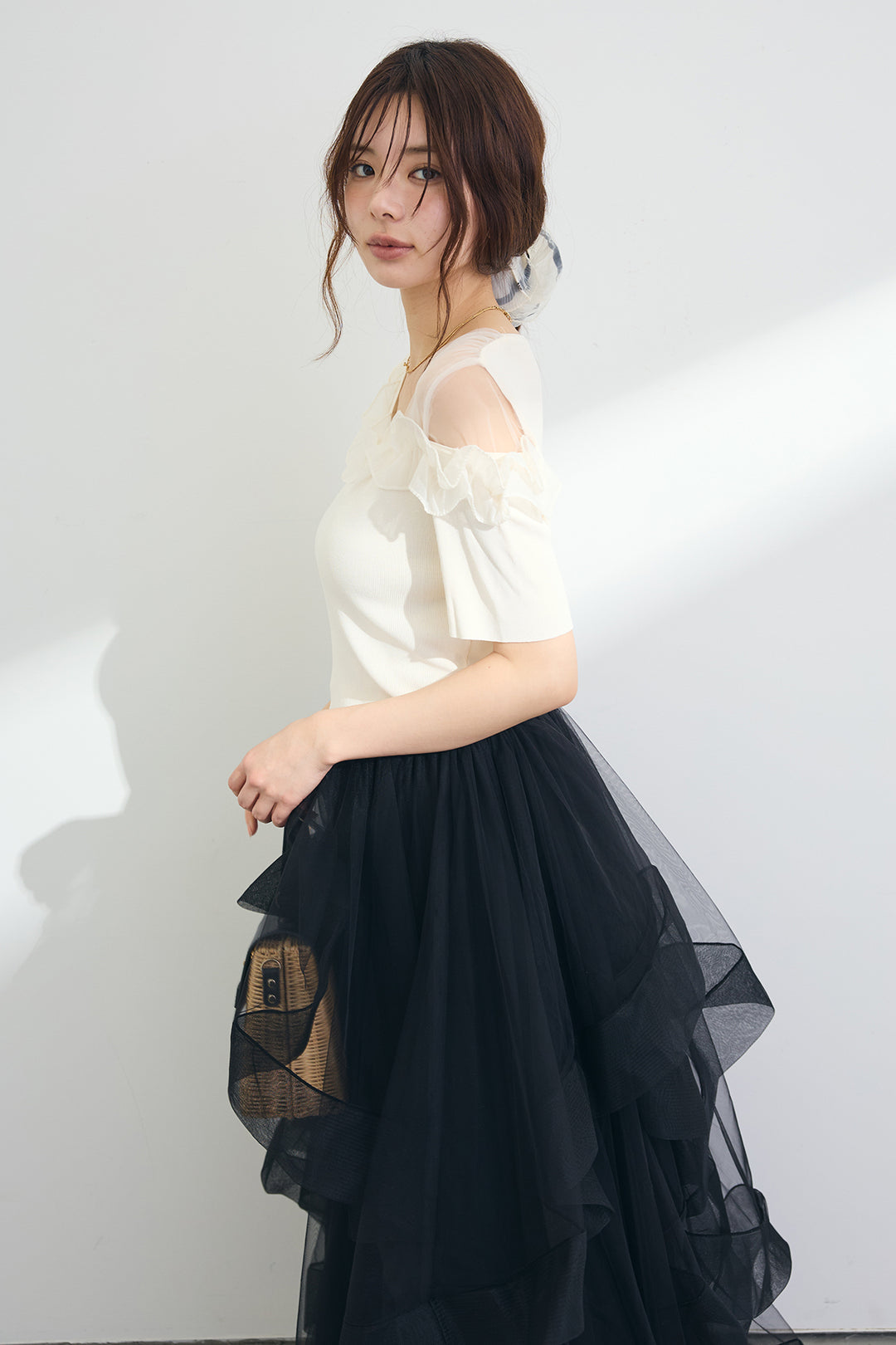 [予約/SET]シースルー×フリルドッキングトップス+ランダムフリルティアードボリュームスカート(2set)