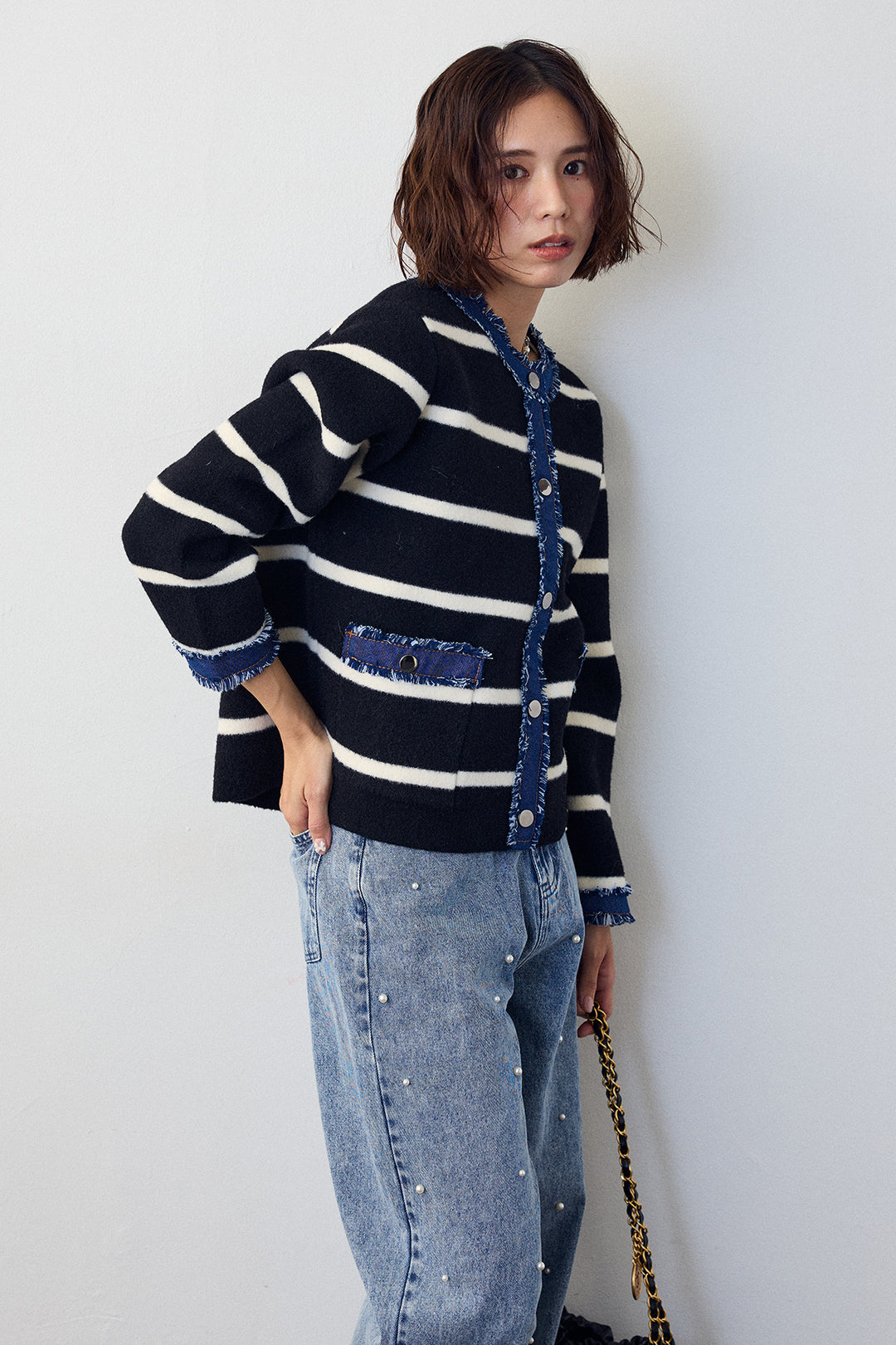 [予約/SET]デニムドッキングマルチパターンカーデ+パールスタッズストレートハイウエストデニム(2set)