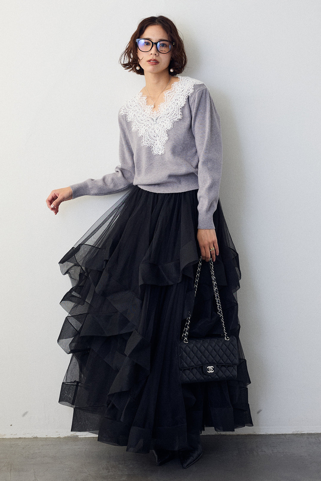[予約/SET]Vレースデザインニットプルオーバー+ランダムフリルティアードボリュームスカート(2set)