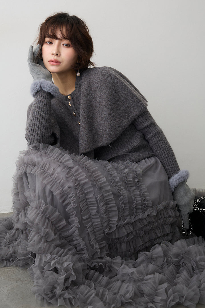 [予約/SET]ミックス釦ケープ2wayニット+スフレアシメチュールスカート(2set)