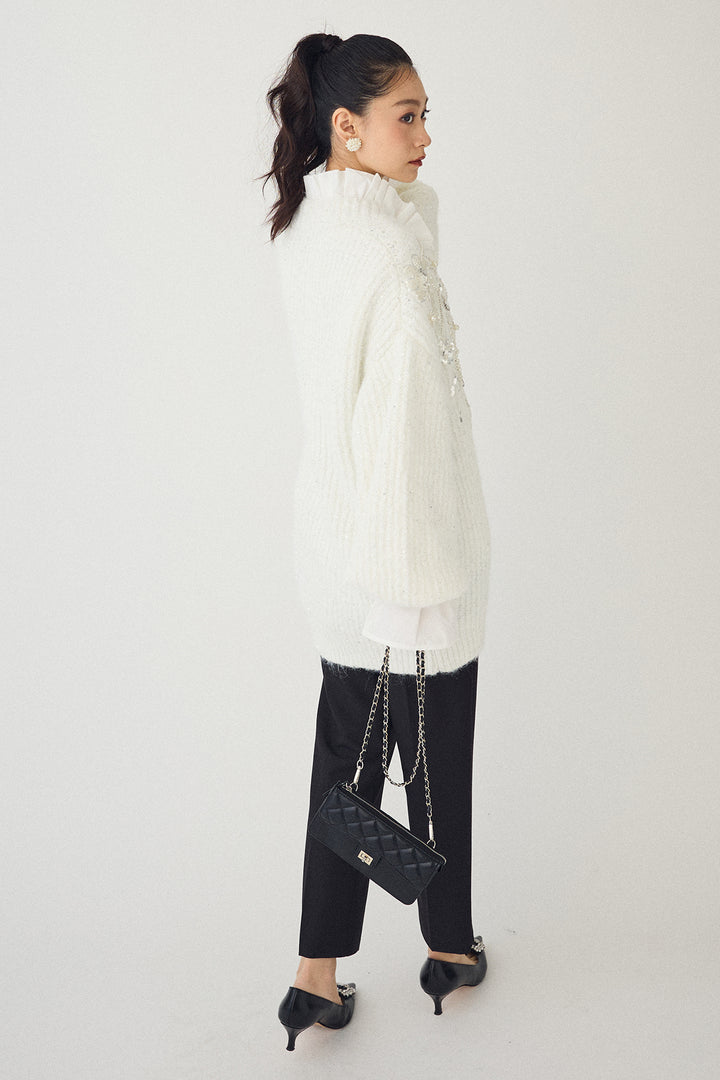 [予約/SET]ダブルプリーツカラーブラウス+ビーズフラワースパンコールシャイニーニットカーデ+タックテーパードパンツ(3set)