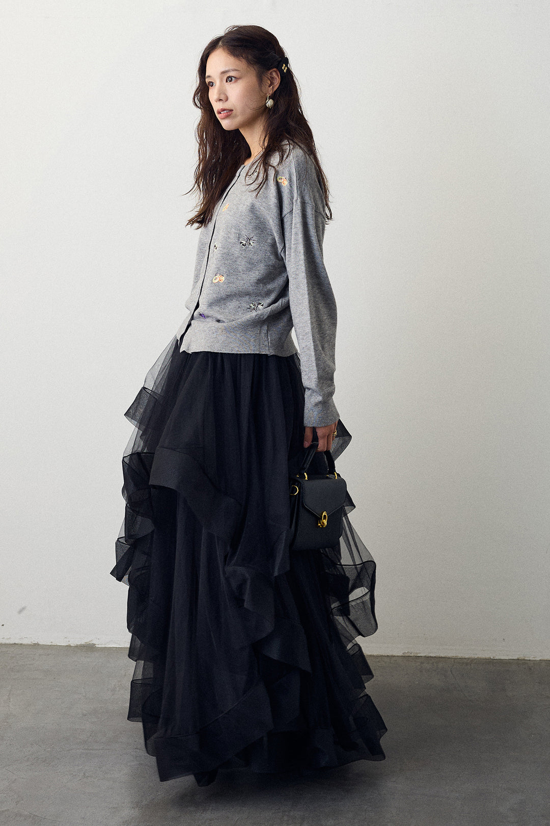 [予約/SET]フルーツフラワー刺繍ニットカーデ+ランダムフリルティアードボリュームスカート(2set)