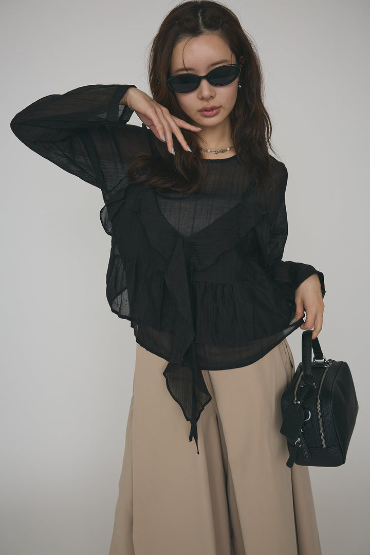 [予約/SET]ドレープフリルシアーレーヤードトップス+フロントサイドタックワイドパンツ(2set)