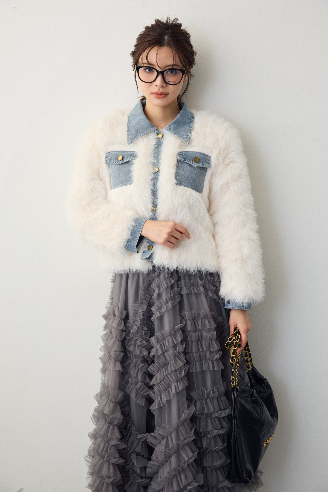 [予約/SET]デニムシャツドッキングファージャケット+スフレアシメチュールスカート(2set)