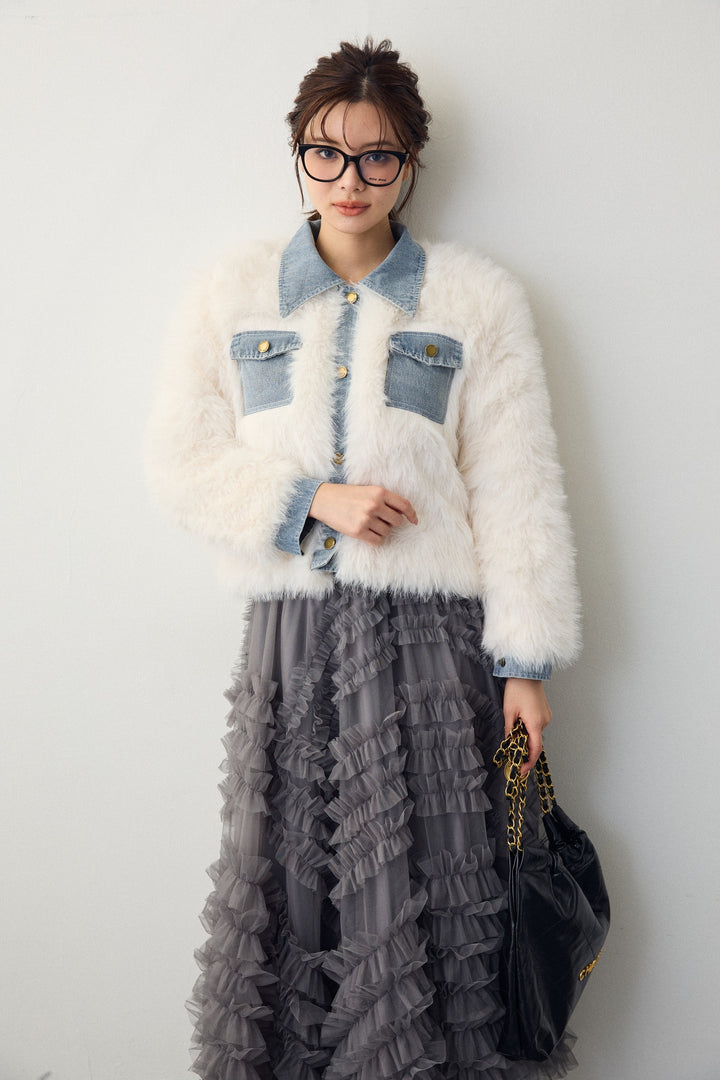 [予約/SET]デニムシャツドッキングファージャケット+スフレアシメチュールスカート(2set)