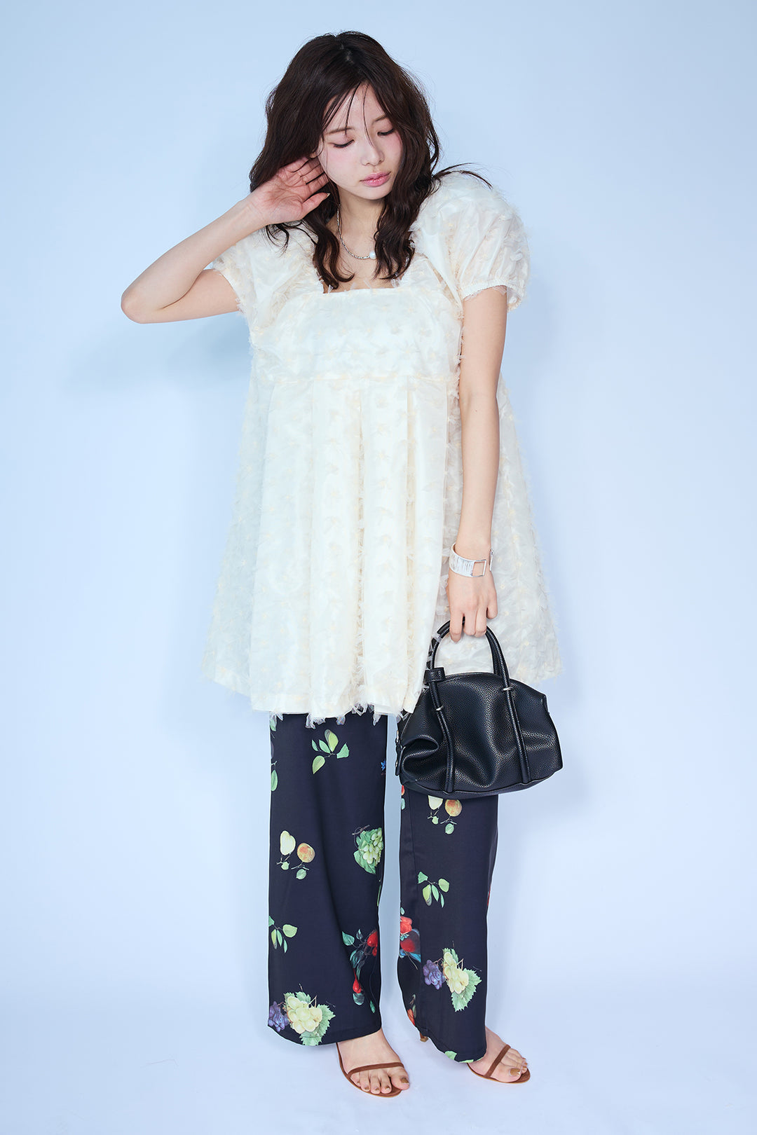 [予約/SET]フラワージャカードパフスリーブチュニック+フルーツパターンストレートパンツ(2set)