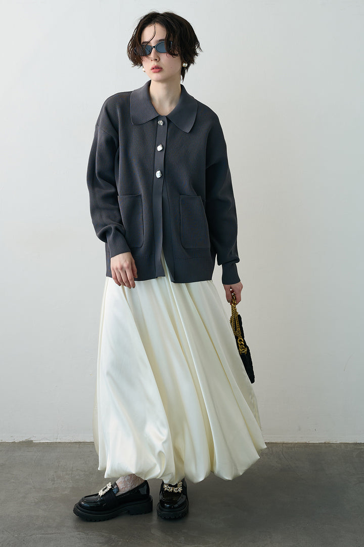 [予約/SET]メタルボタン襟付きニットカーディガン+サテンシャイニーバルーンスカート(2set)