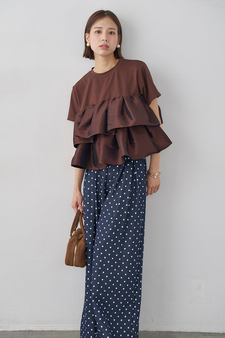 [予約/SET]ナイロンフリルドッキングTシャツ+ハイウエストドットデニムパンツ(2set)