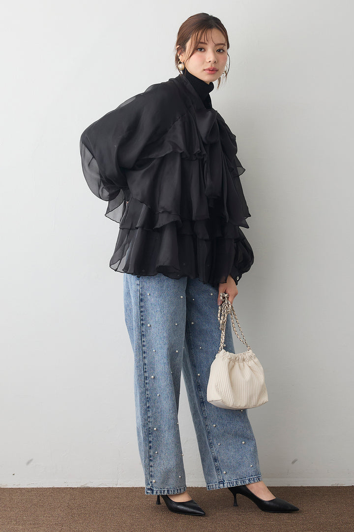 [予約/SET]ベーシックリブタートルニット+フロントBIGリボンティアードエアリーチュニック+パールスタッズストレートハイウエストデニム(3set)