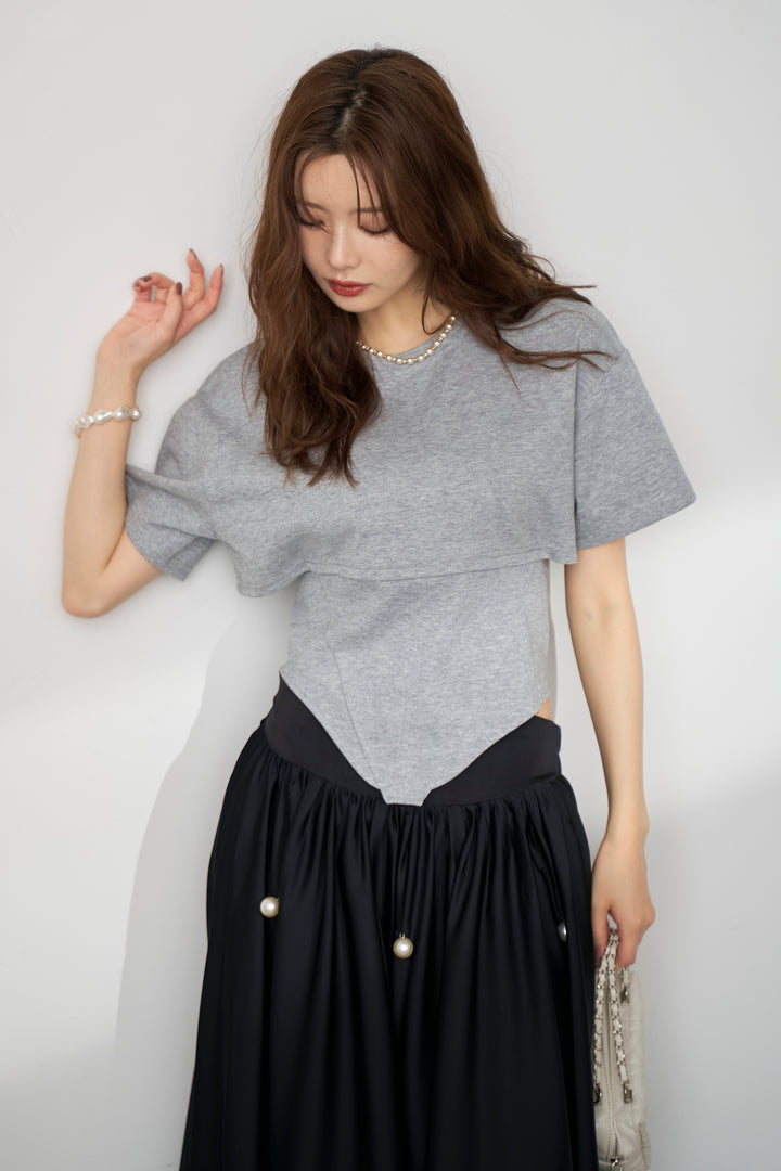 [予約/SET]バックレースアップTシャツ+ビッグパールデコレーションボリュームフレアスカート(2set)