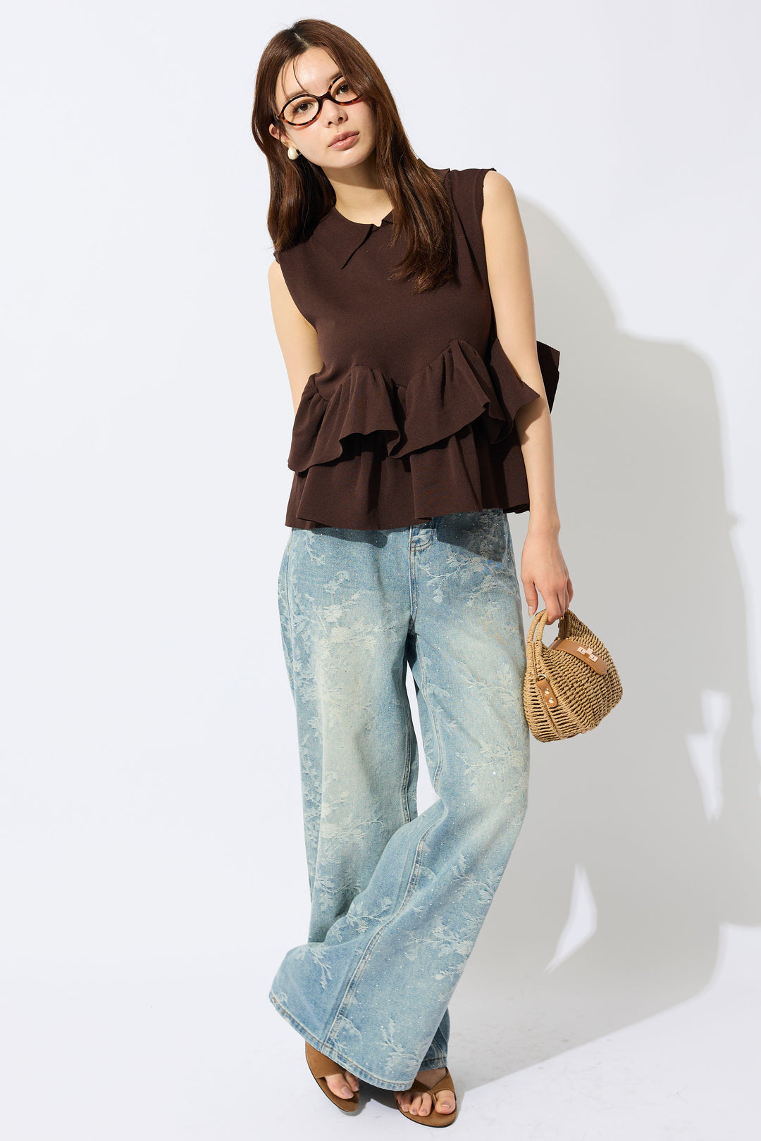 [予約/SET]フリルペプラムニットポロ+ニュアンスフラワーストレートデニム(2set)