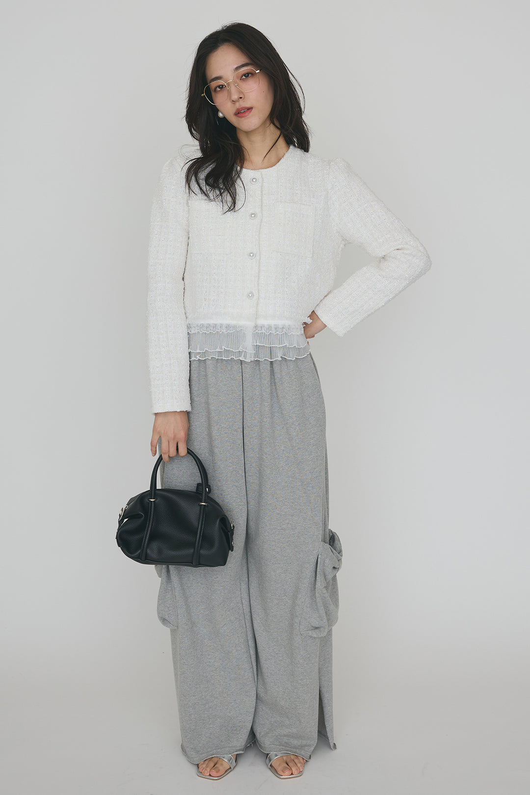 [予約/SET]プリーツフリルヘムライトツイードジャケット+ライトスウェットサイドリボンパンツ(2set)