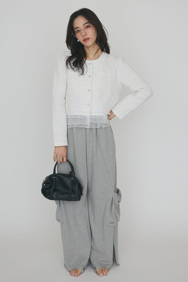 [予約/SET]プリーツフリルヘムライトツイードジャケット+ライトスウェットサイドリボンパンツ(2set)