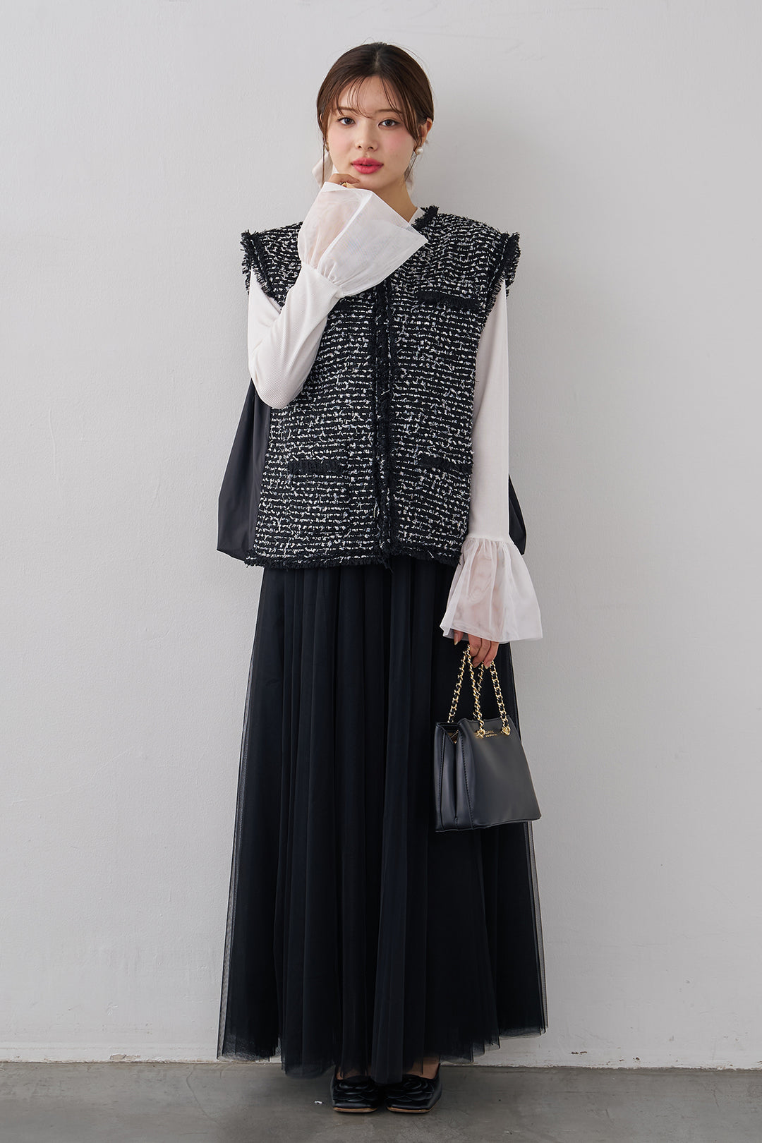 [予約/SET]チュールシアーカフスリブニット+異素材切り替えツイードベスト+エアリーチュールフレアスカート(3set)