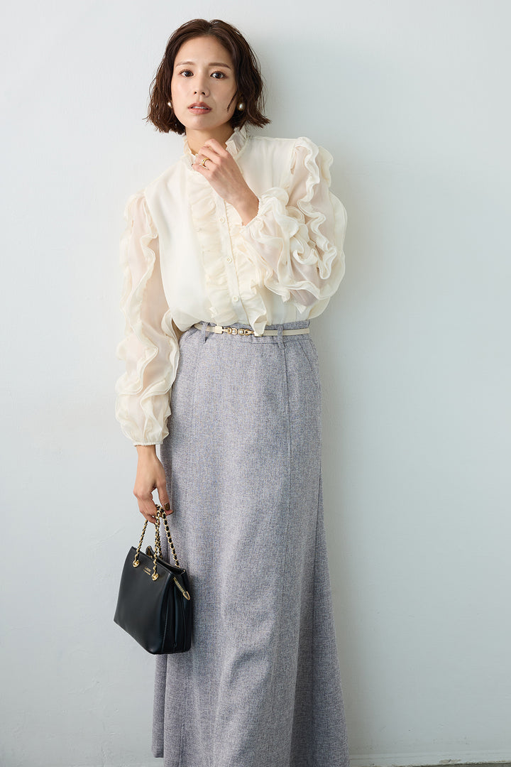 [予約/SET]エアリーフリルブラウス+スラブネップツイードフレアスカート(2set)