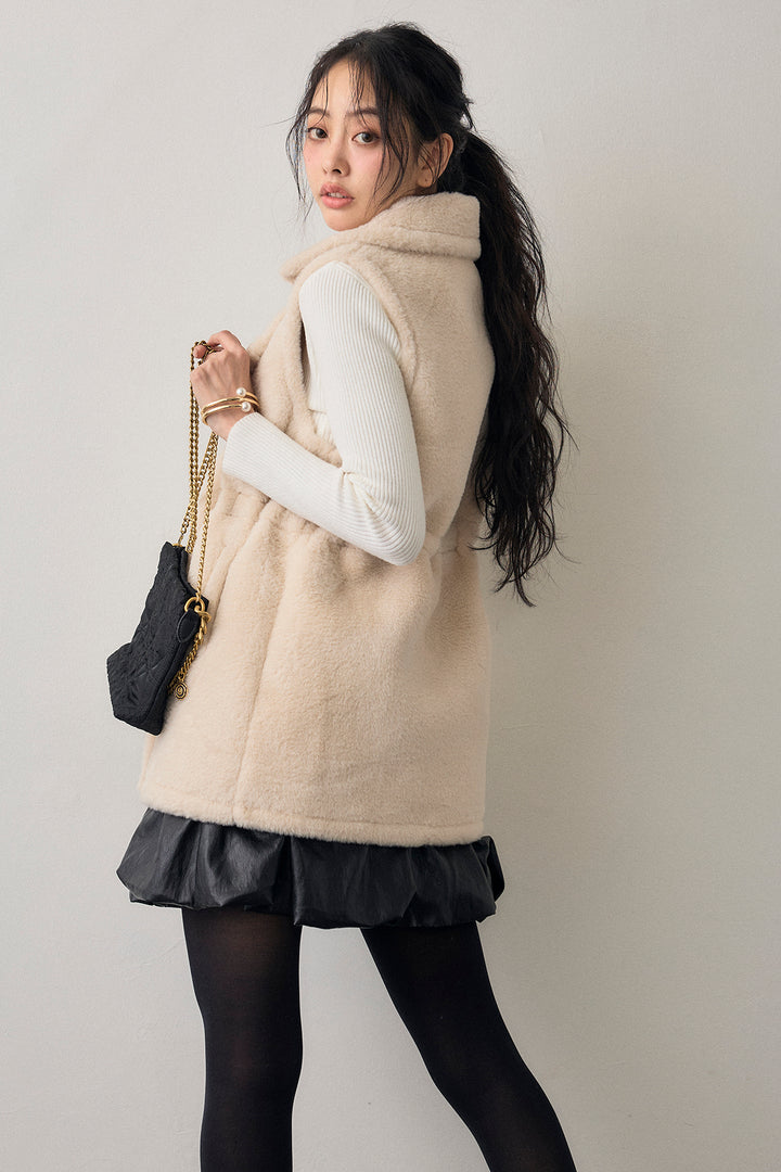 [予約/SET]テディボアウエストドロストベスト+フェイクレザーティアードバルーンミニスカート(2set)