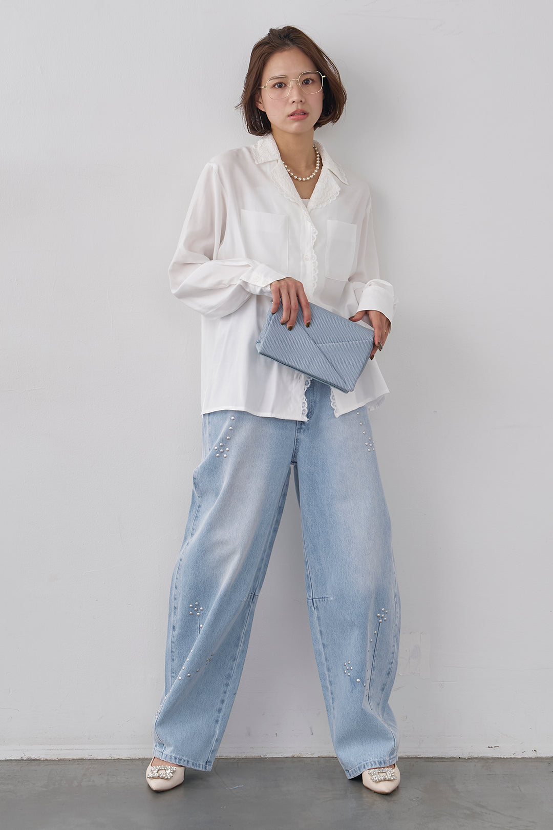 [予約/SET]クラシックレーストリムブラウス+スタッズアシメカーブデニムパンツ(2set)