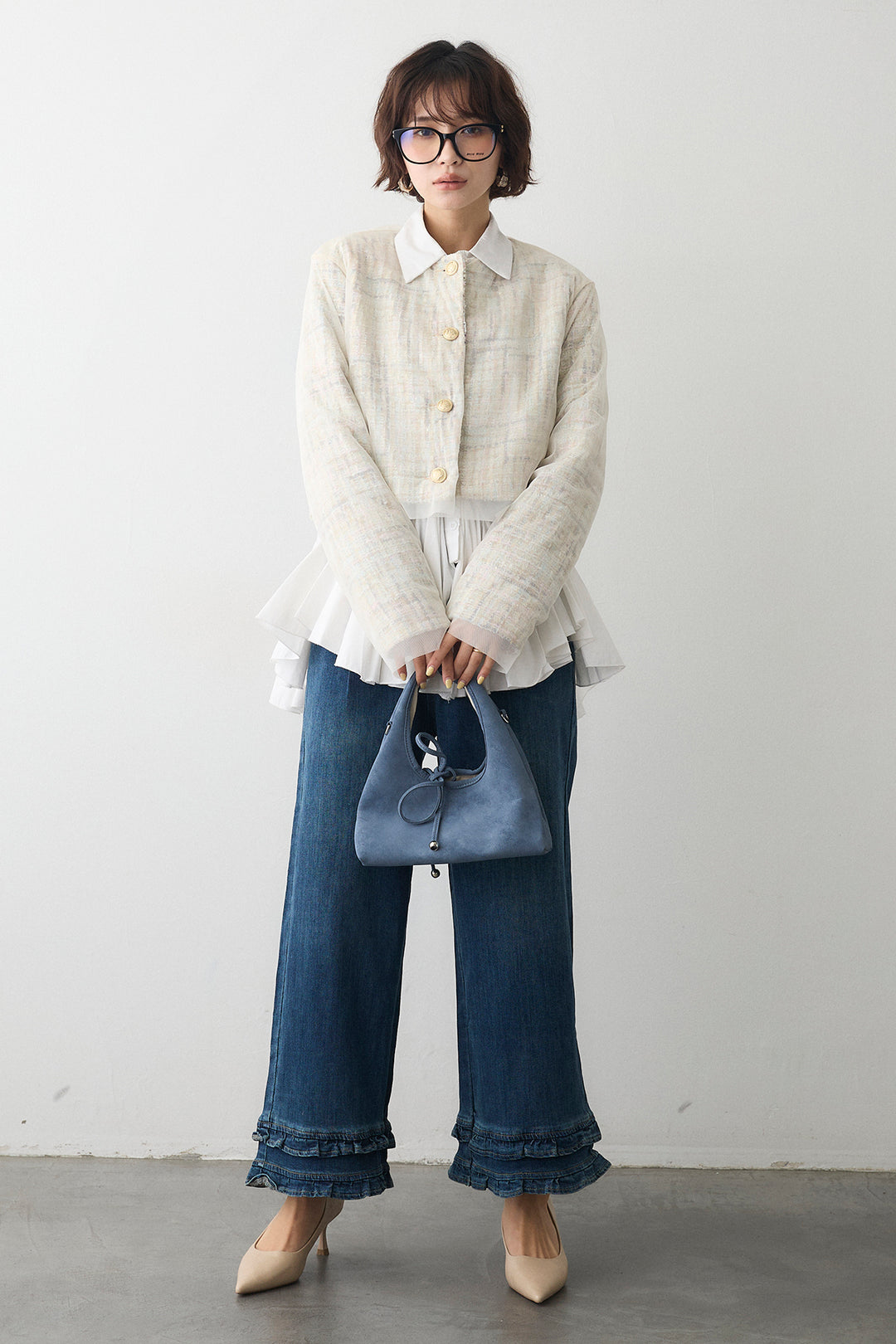 [予約/SET]パネルフレアヘムシャツ+ツイード×チュールレイヤードクロップドジャケット(2set)