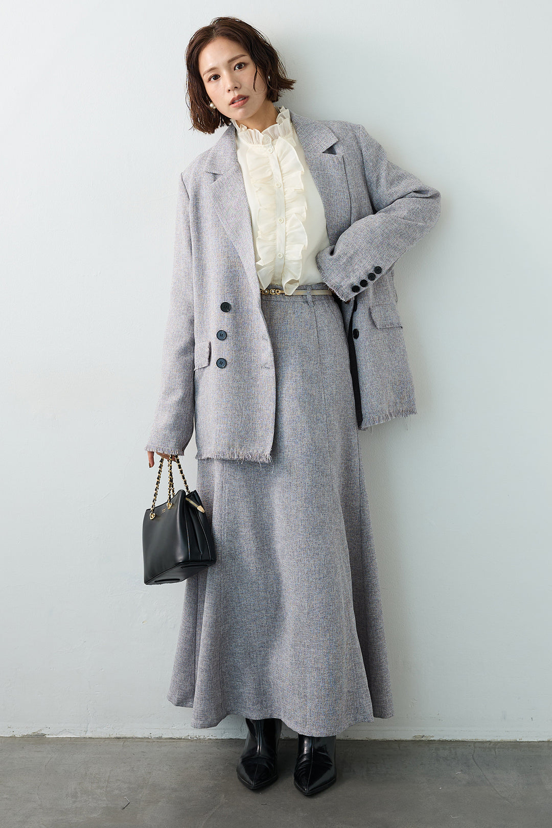 [予約/SET]エアリーフリルブラウス+スラブネップツイードフリンジテーラージャケット+スラブネップツイードフレアスカート(3set)