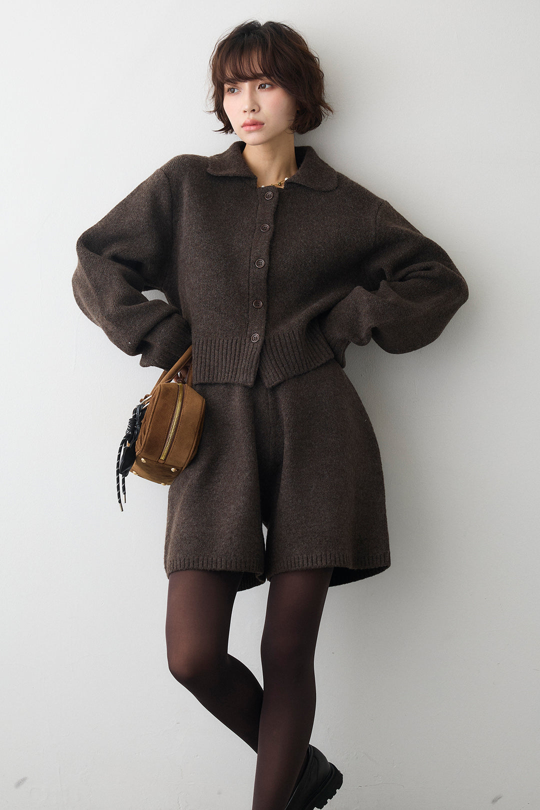 [予約/SET]メランジニットポロ襟クロップドカーデ+メランジニットショートパンツ(2set)