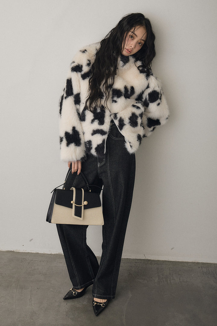 [予約/SET]COW柄スタンドファーライクコート+ウエストアシメデニムパンツ(2set)